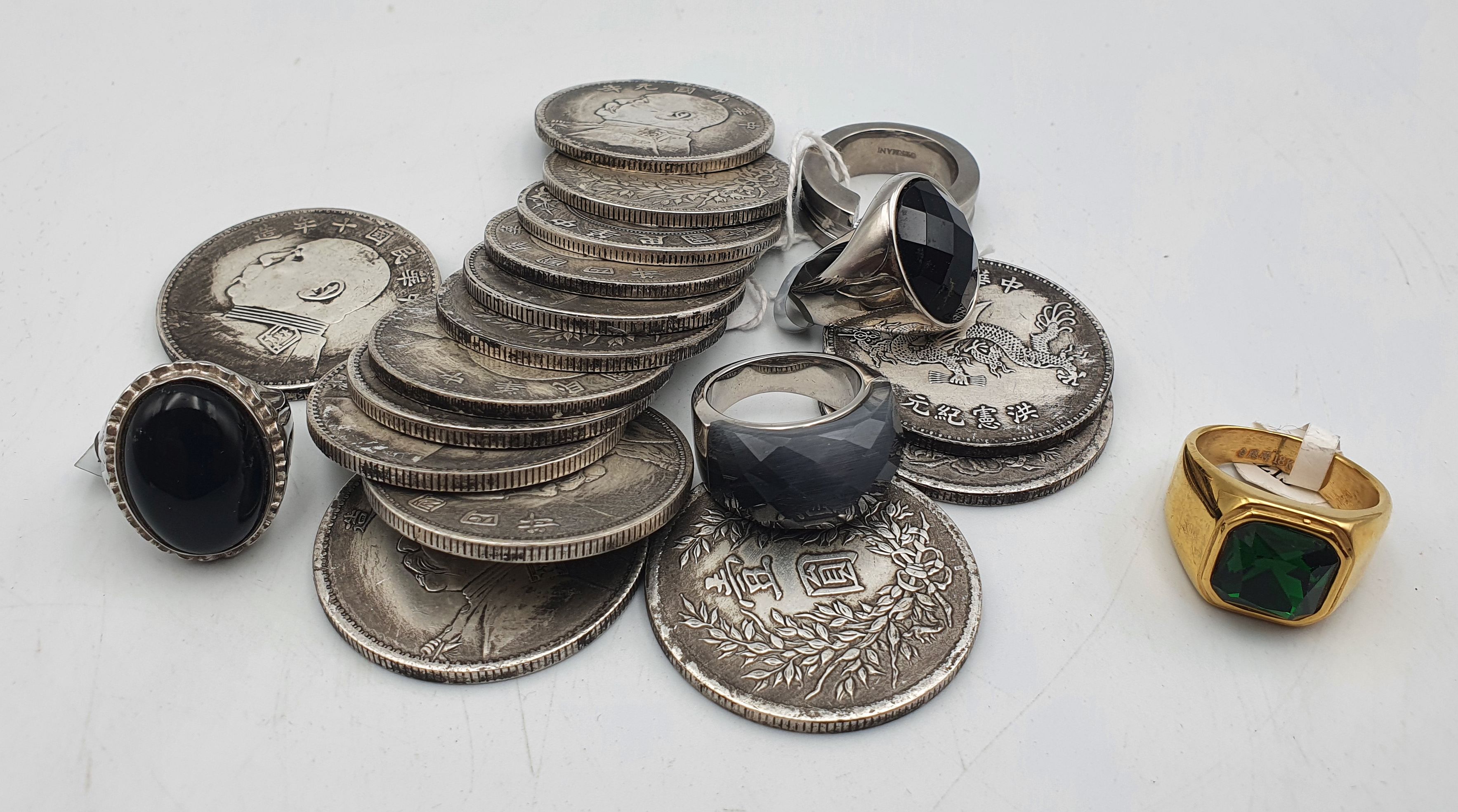 15 CHINESE WHITE METAL MEDALLIONS FIVE RINGS