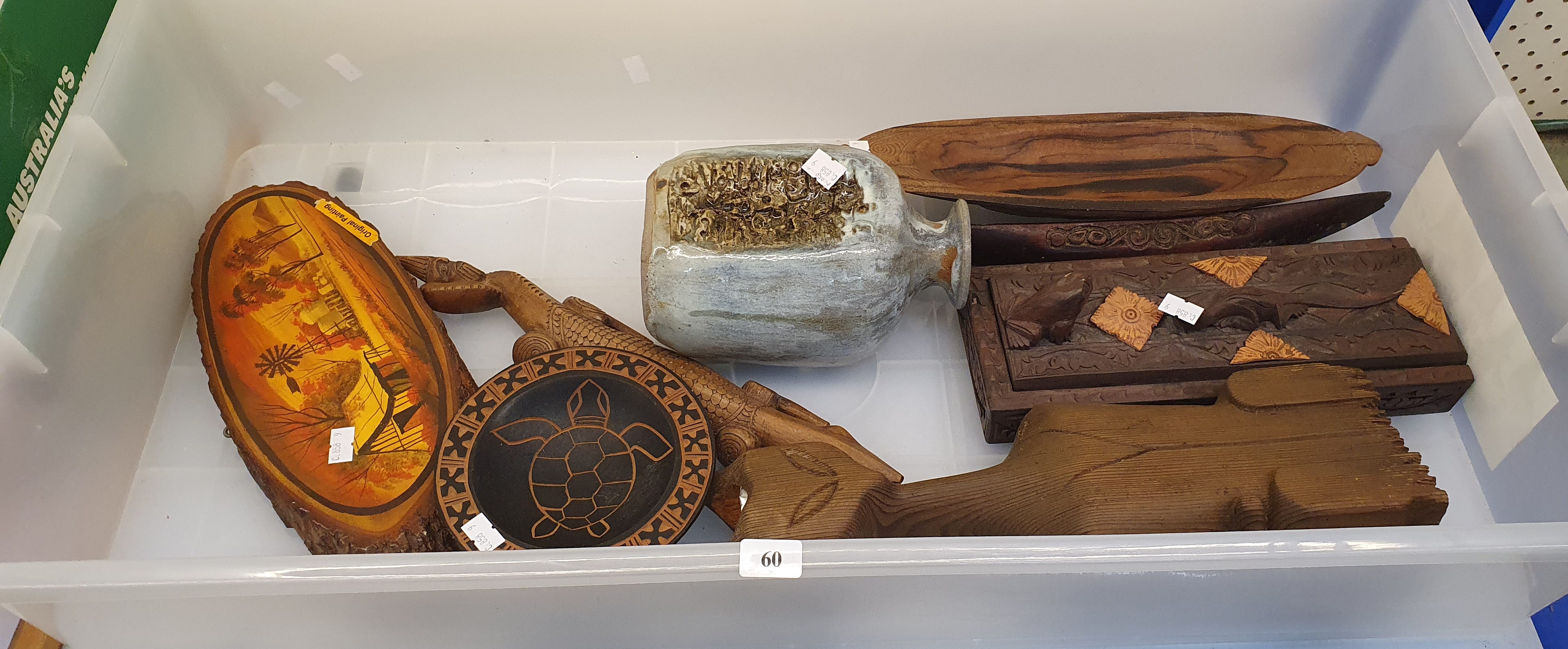 60 · A GROUP OF DECORATIVE TIMBER WARES AND A STUDIO POTTERY VASE