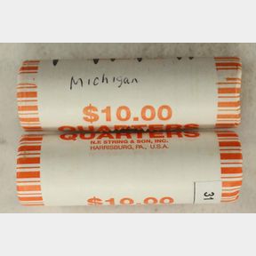 2-$10 ROLLS OF 2004-D MICHIGAN & 2008-D ALASKA