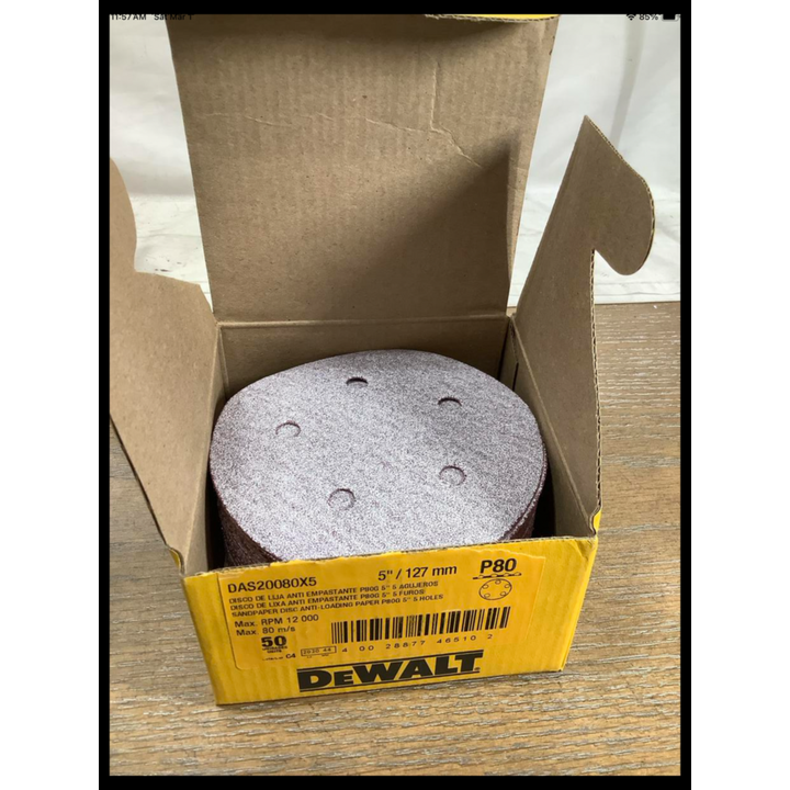 DeWalt Sandpaper Disc Anti-Loading Paper P80G 5'' 5 Holes- 50ct