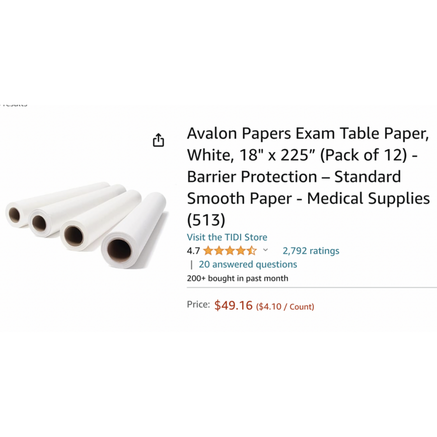 Avalon Papers Exam Table Paper White, 18"x225" (12pk) Barrier Protection- Standard Smooth Ppaer Medical Supplies(513)
