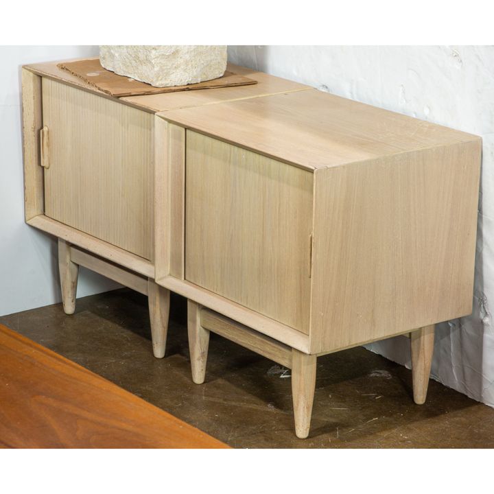 Pair of Falster white-washed nighstands, each having a tambour door, 24"h x 21