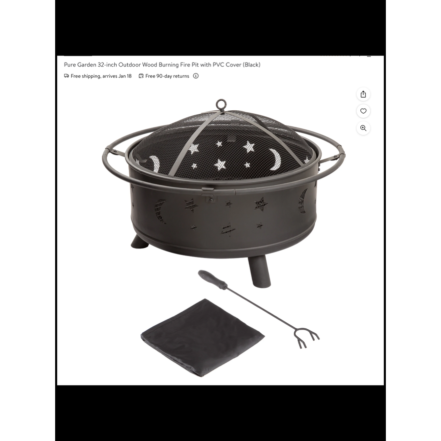 Pure Garden Fire Pit 32'' Outdoor Wood Burning Firepit w/ Screen, Poker & Cover (n Box)