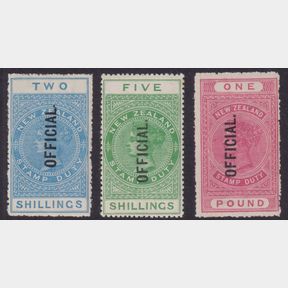NZ Officials, 1908-13 2/-, 5/-, £1 QVLT simplified set of 3. Jury cat $7100. M…