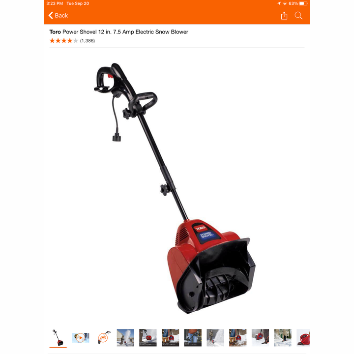 Toro Power Shovel 12in 7.5AMP Electric Snow Blower