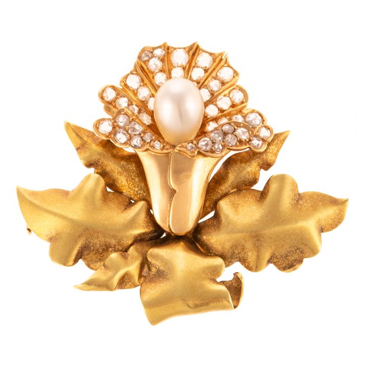 A Diamond and Pearl Flower Brooch in 18K