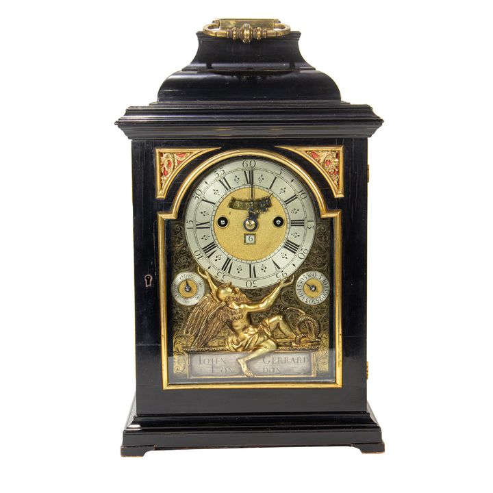 An English George I gilt bronze mounted ebonized bracket clock, John Gerrard, London, first half 18th century