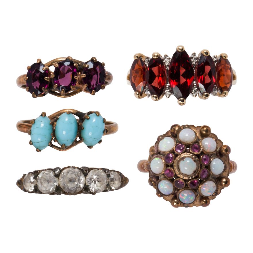 A group of gem-set gold rings