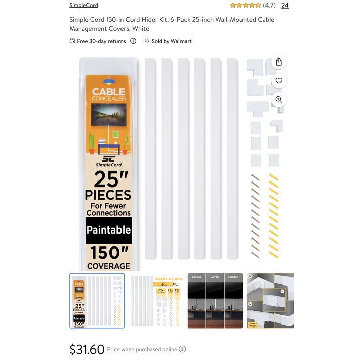 SimpleCord 150" Cord Hider Kit 6pk 25" White Wall Mounted Cable Covers