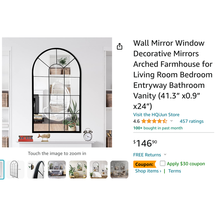 Hqijun Wall Mirror Window Arched Farmhouse Decorative Mirror 41.3"x0.9"x24" (Black)