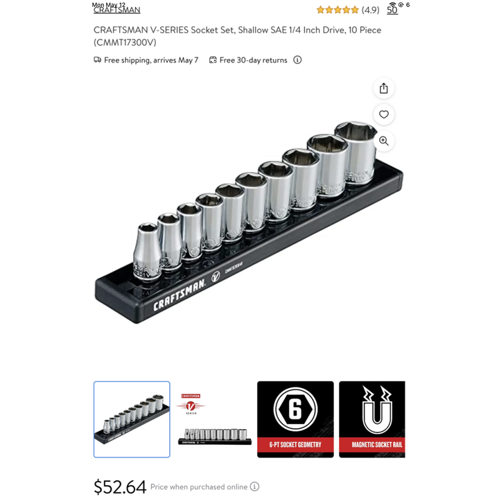 Craftsman V Series 1/4" Drive 6 Pt SAE Standard Socket Set - 10 Pc