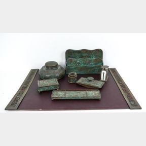 TIFFANY STUDIOS PINE NEEDLE GLASS BRONZE DESK SET