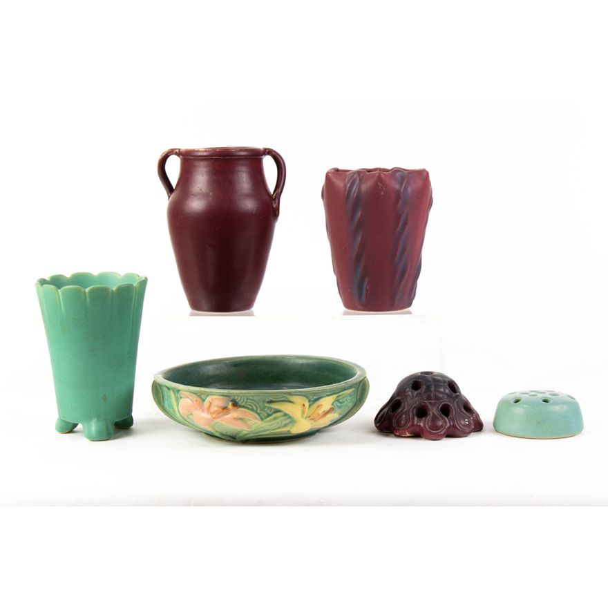 (Lot of 6) American art pottery, including Van Briggle, Weller and Roseville