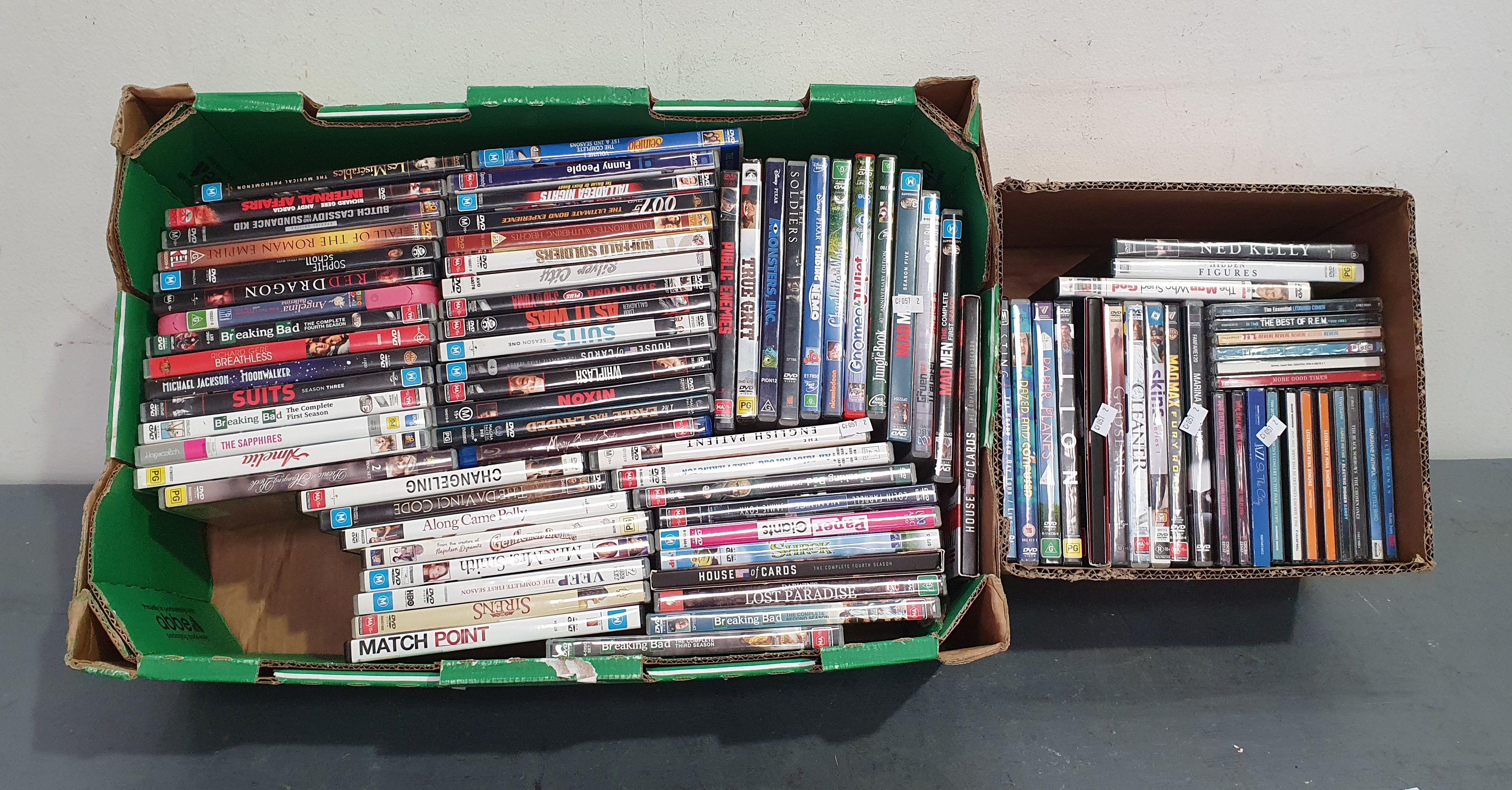 TWO BOXES OF DVDS