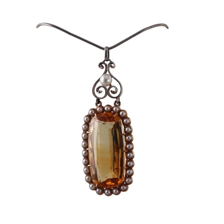 Antique 14k Gold Citrine Pearl Pendant on Platinum Chain Necklace