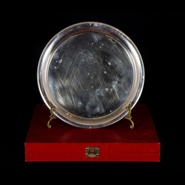 Cartier presentation pewter serving platter with a red retail box, 11" d
