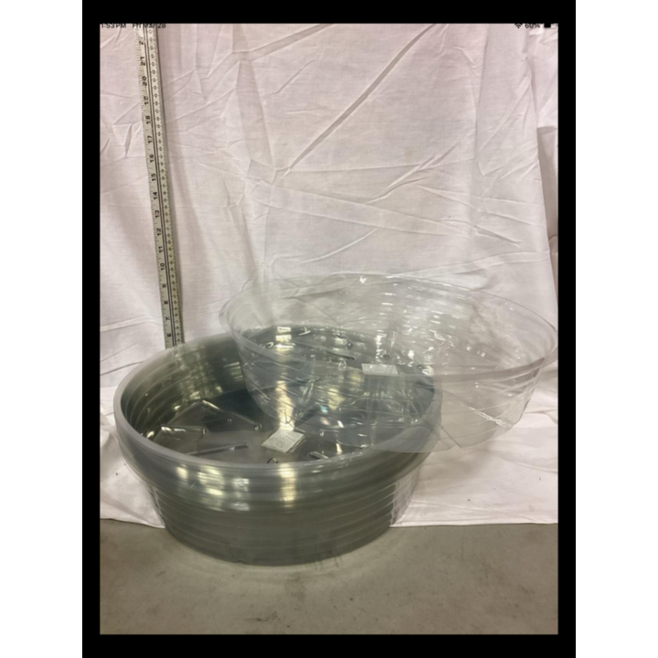 BUYING (25) Clear 16'' Plastic Saucers
