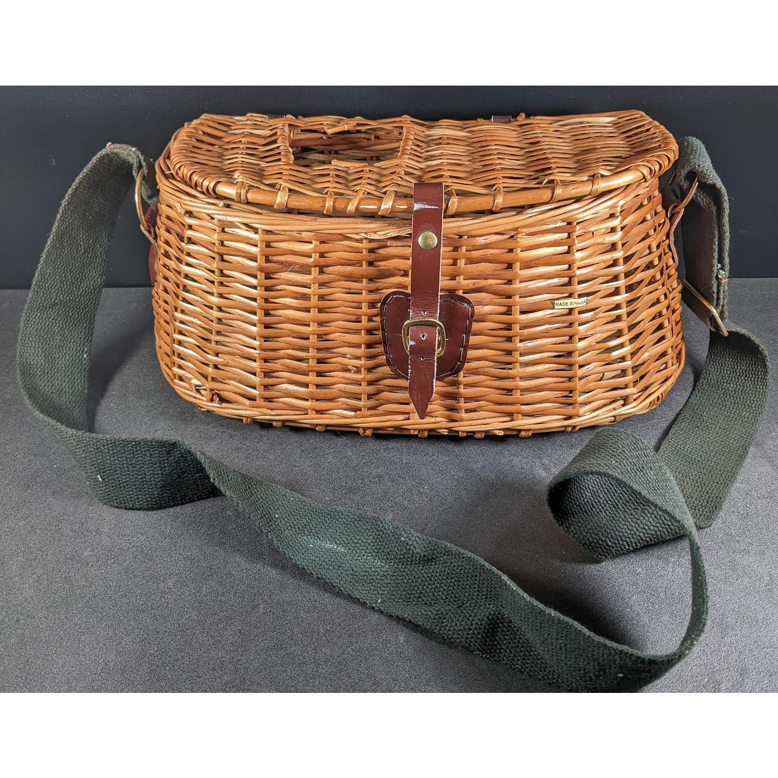 Vintage Wicker Fishing Creel Basket with Antique Primitive Leather Straps
