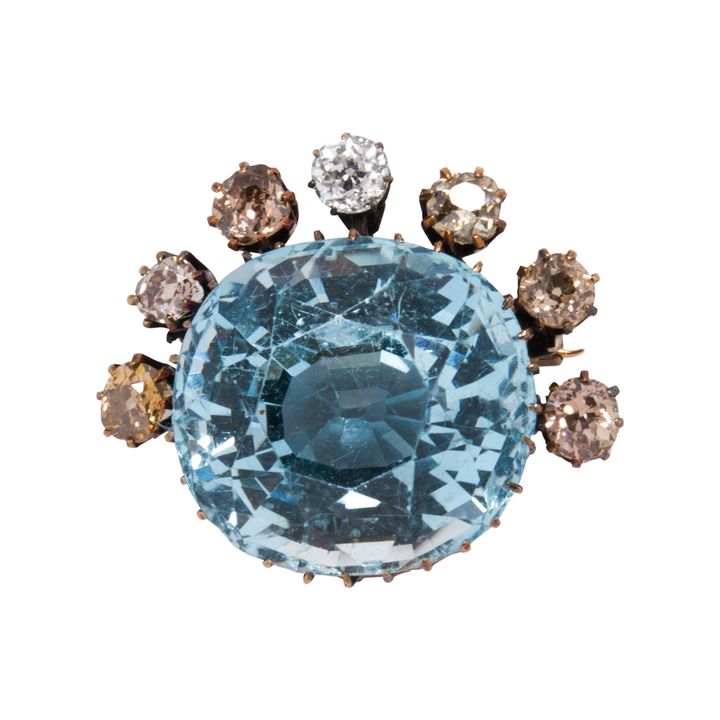 An antique aquamarine, diamond and 14k gold brooch