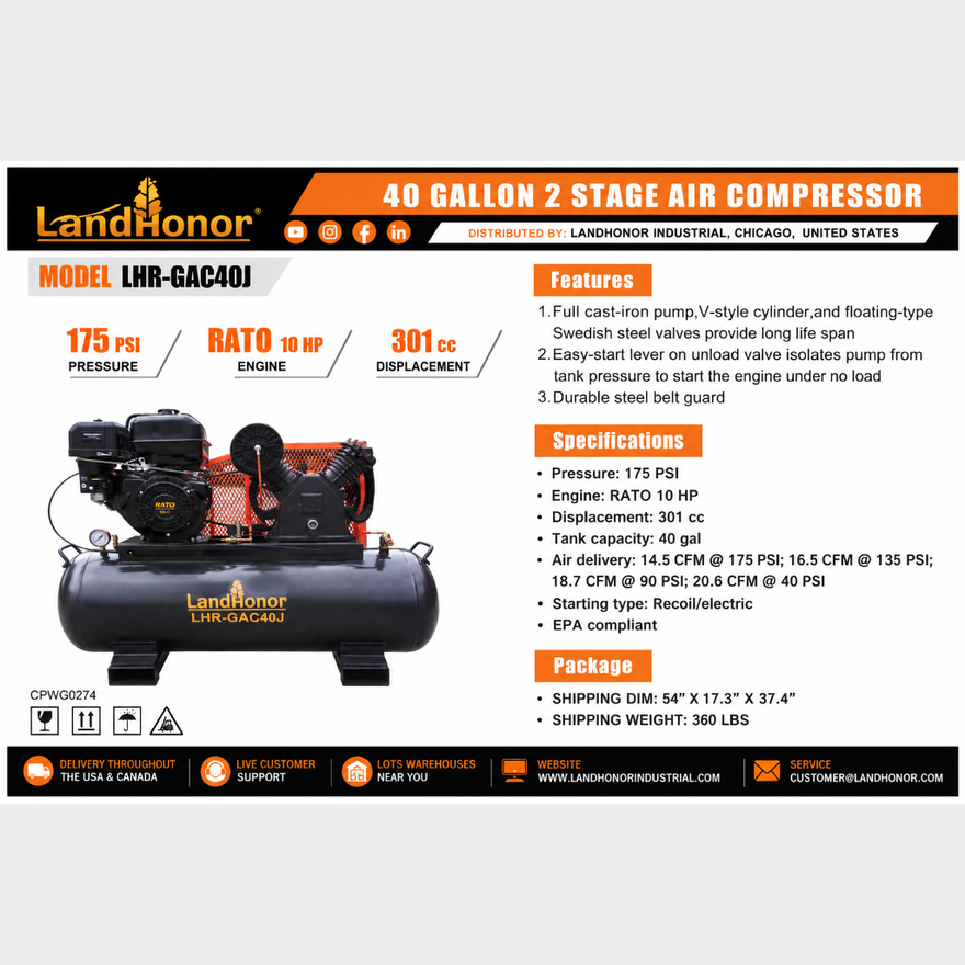 140 Compressor LANDHONOR 40-Gallon 2-Stage Air Compressor, M/N LHR-GAC40J, Unused ...