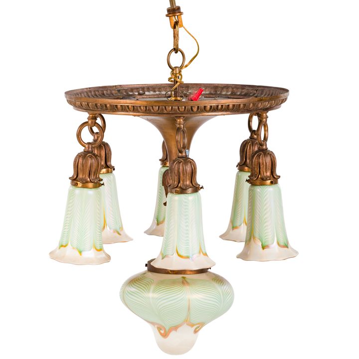 Arts & Crafts Ceiling Light with Quezal Shades