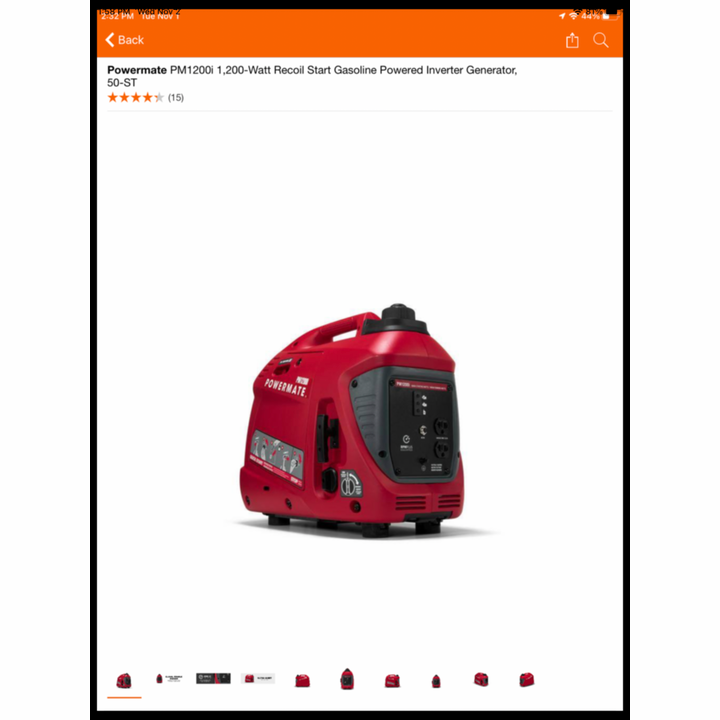 Powermate PM1200i, 1200Watt Recoll Start Gasoline Powered Inverter Generator 50-ST