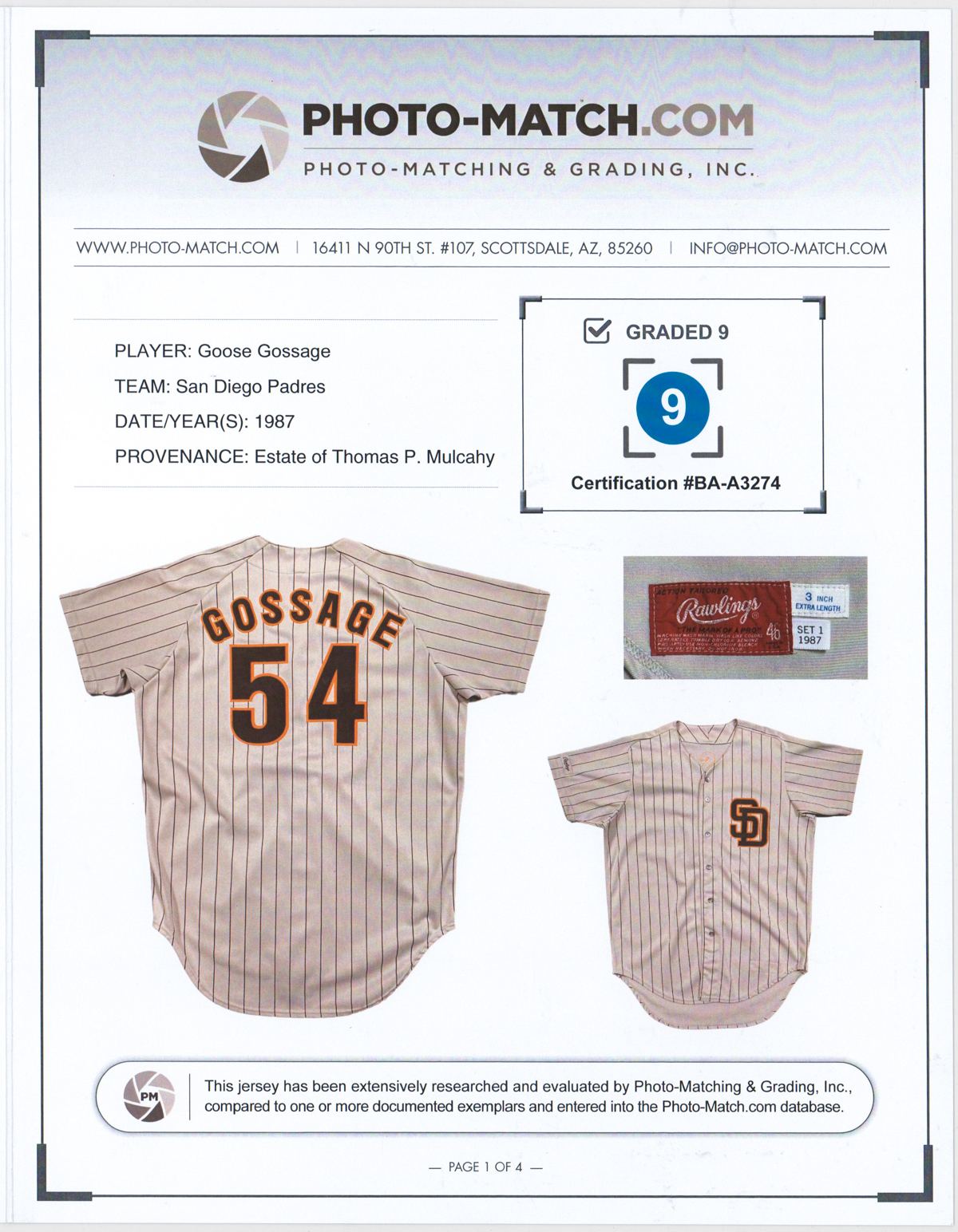 Sold at Auction: 1987 Goose Gossage Padres Game Used Jersey