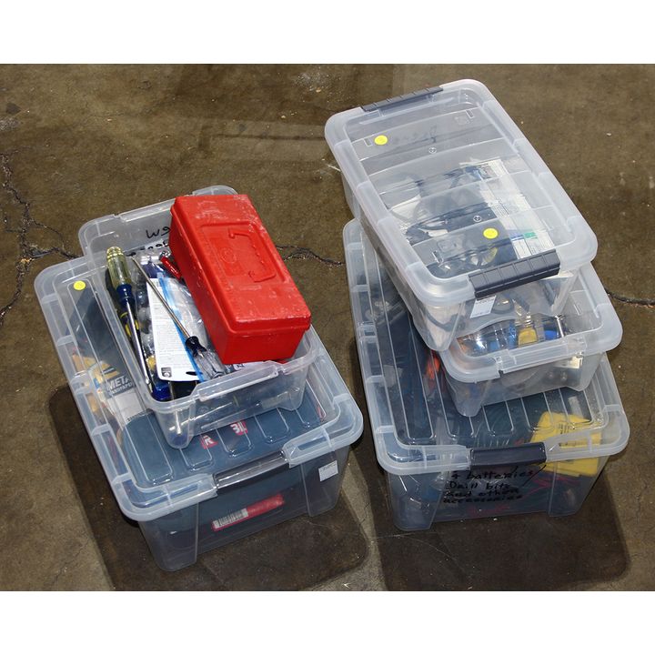 (lot of 5 bins) Assorted tool group, including sanding materials, drill bits, screwdrivers, hammers, etc