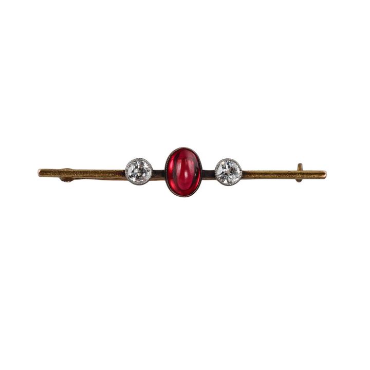 Antique 14k Gold Ruby Diamond Bar Brooch Pin
