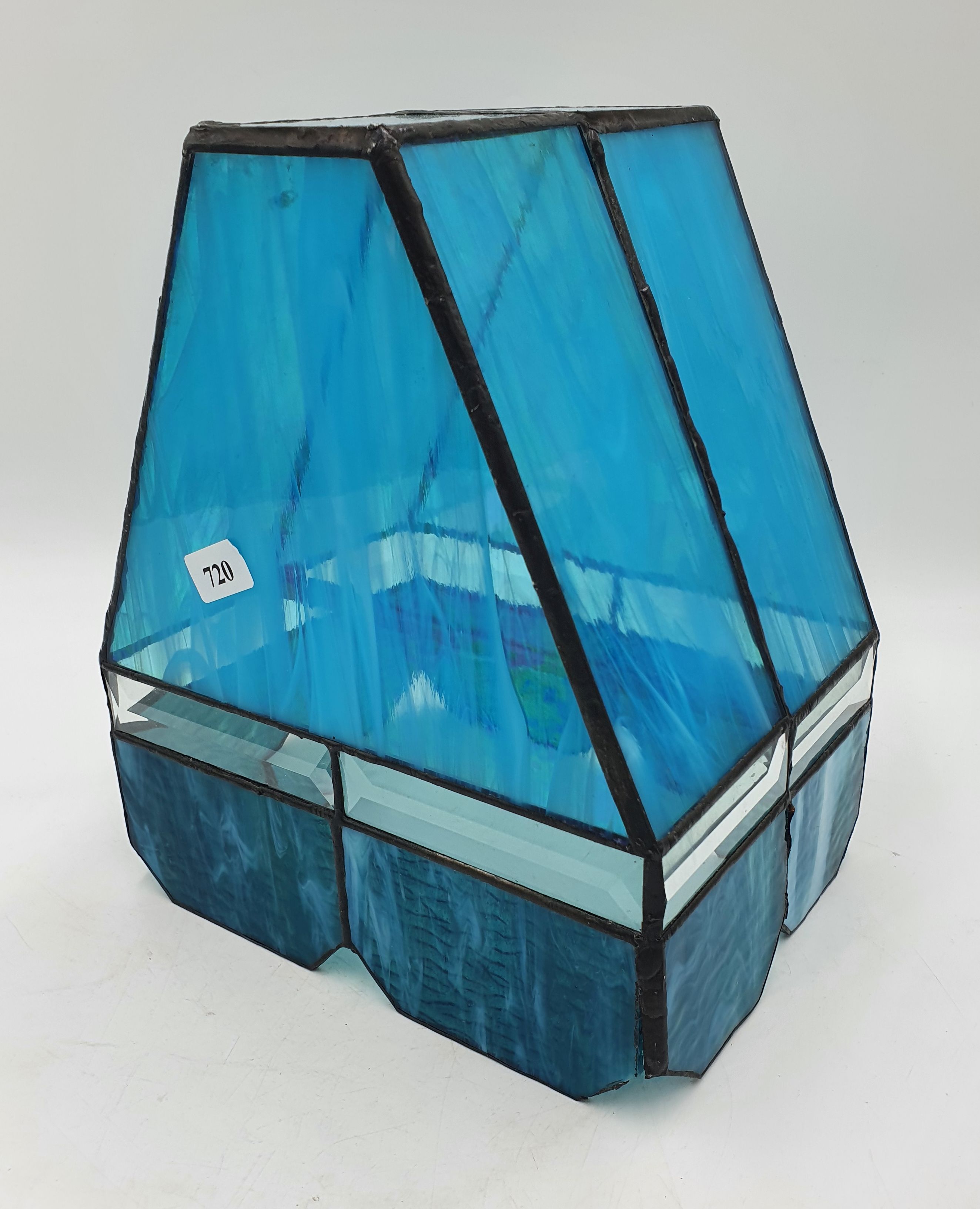 A BLUE LEADLIGHT LAMPSHADE