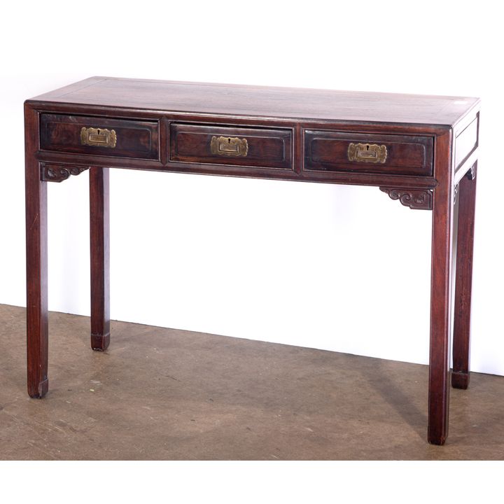 Chinese hardwood three-drawers table, 34"h