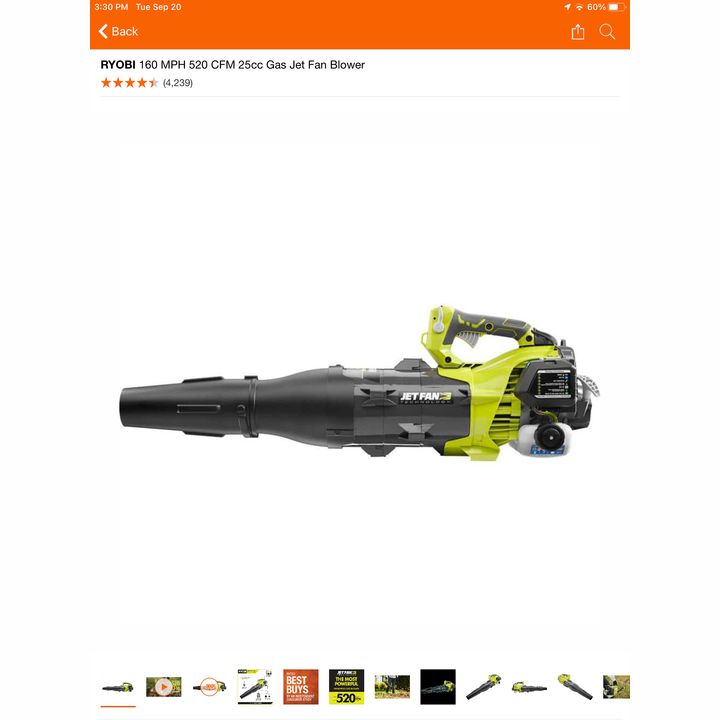 Ryobi 160 MPH 25cc Gas Jet Fan Blower