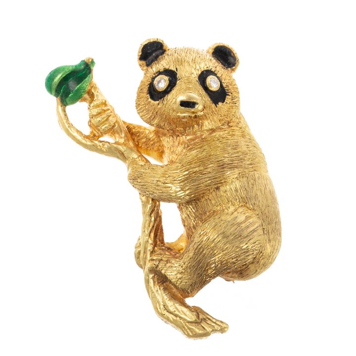 A Diamond & Enameled Panda Brooch in 18K