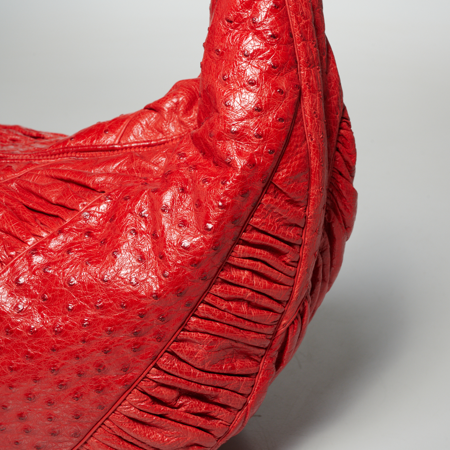 Judith Leiber red ostrich hobo handbag
