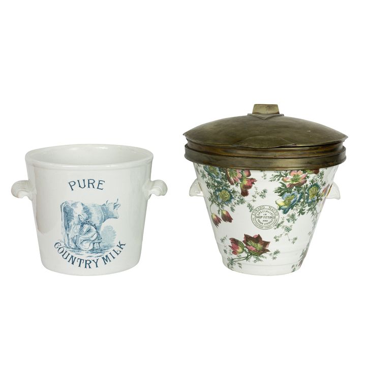 Two English transfer decorated ironstone advertising dairy pails and one cover