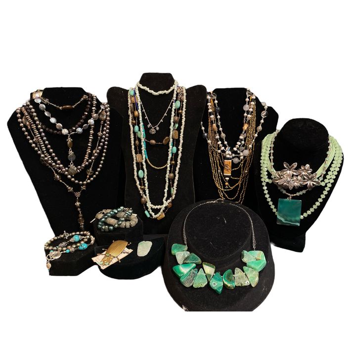 Art Deco Inspire Jade, Turquoise & Some Sterling Silver Necklaces, Bracelets, Pendants & Brooches