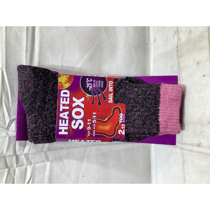 Heated Sox- Size 9-11, Shoe Size 5-11, Pink/Black Colored