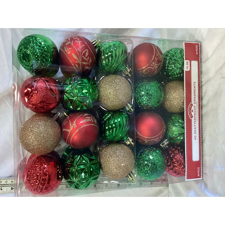 Holiday Time 40 Shatterproof Ornaments - Red, Orange, Green