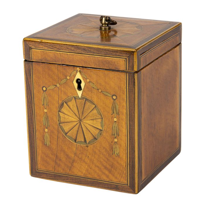An English George III marquetry inlaid tea caddy