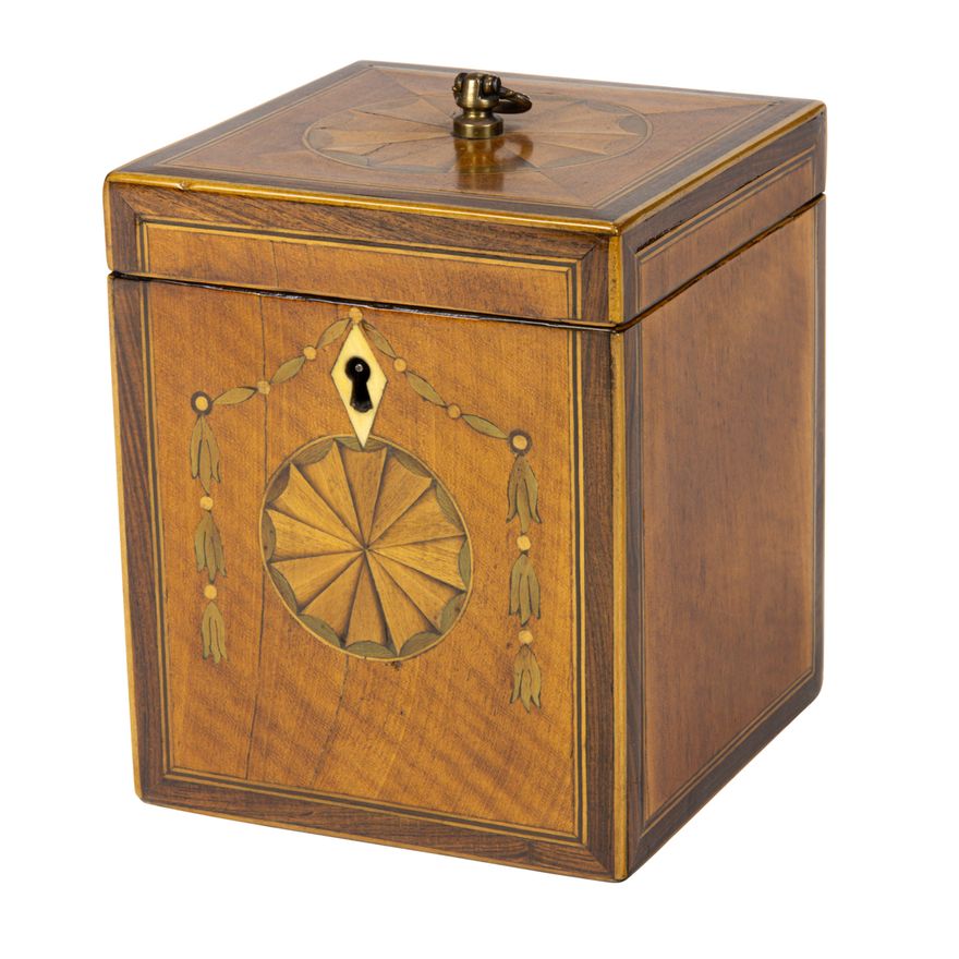 An English George III marquetry inlaid tea caddy
