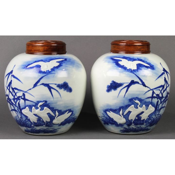Chinese Blue-and-White Porcelain Jars, Geese