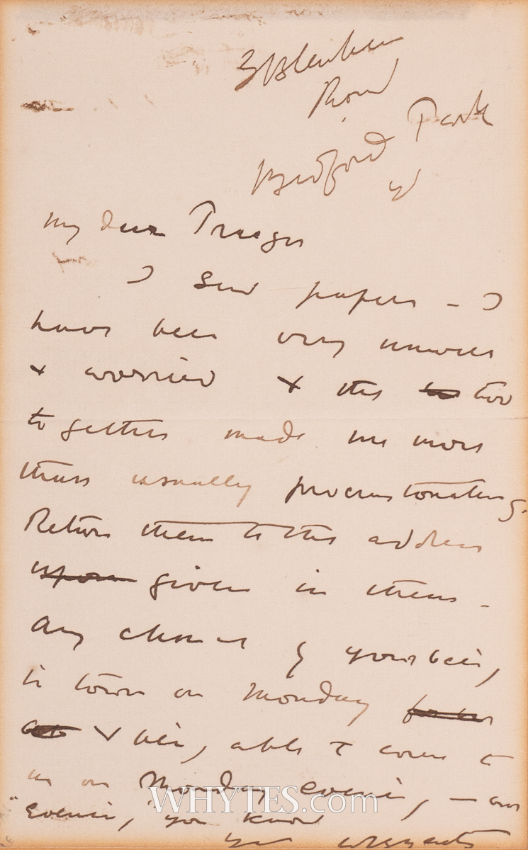 Yeats, William Butler handwritten letter | Whyte's