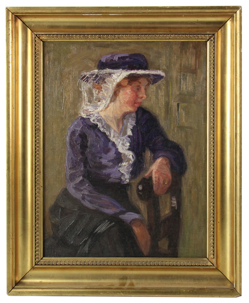 Portrait of Woman in Blue Dress and Hat, Oil on Canvas | Kaminski Auctions