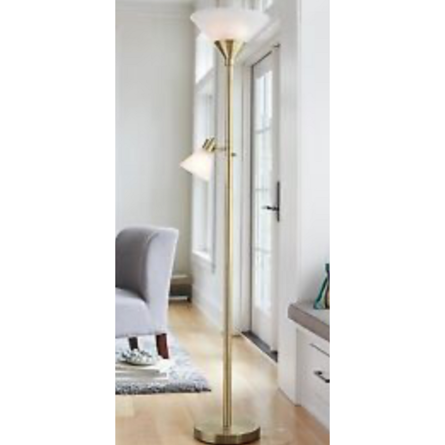 Threshold Floor Lamp Dimmer Rotary Switch On Torch, Brass Finish, Two Glass Shades- 71" Tall