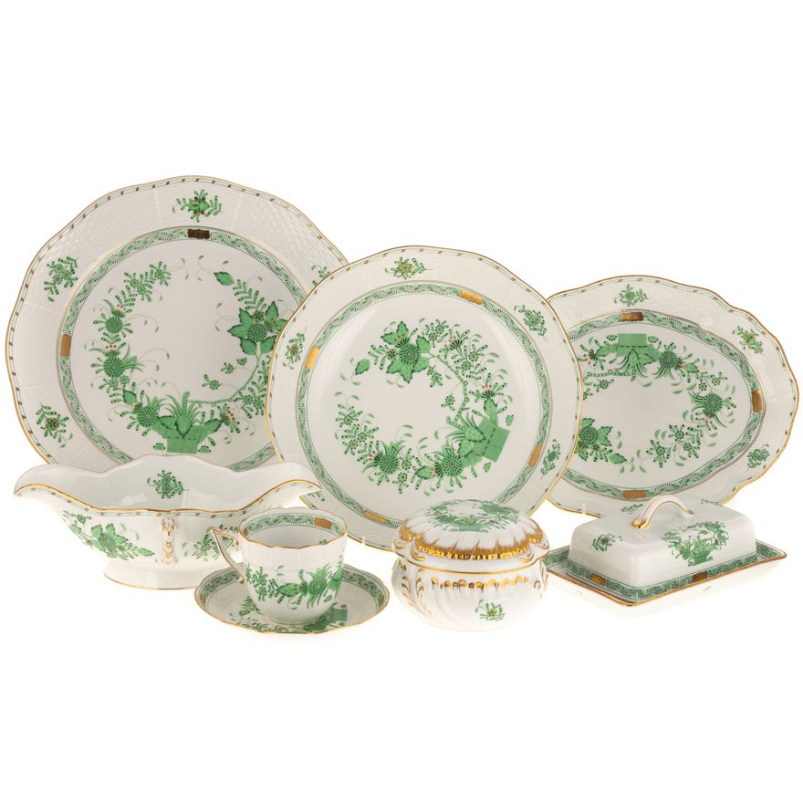 Large Herend Green Indian Basket Dinner Service