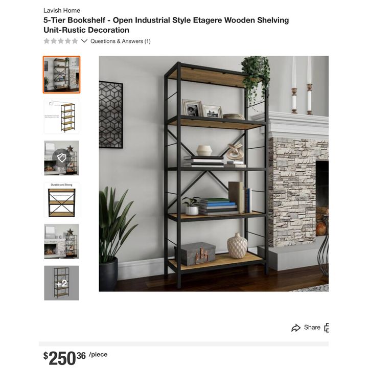 Lavish Home 5-Tier Bookshelf- Open Industrial Style Etagere Wooden Shelving- 63'' H x 14'' W x 30'' D In Box