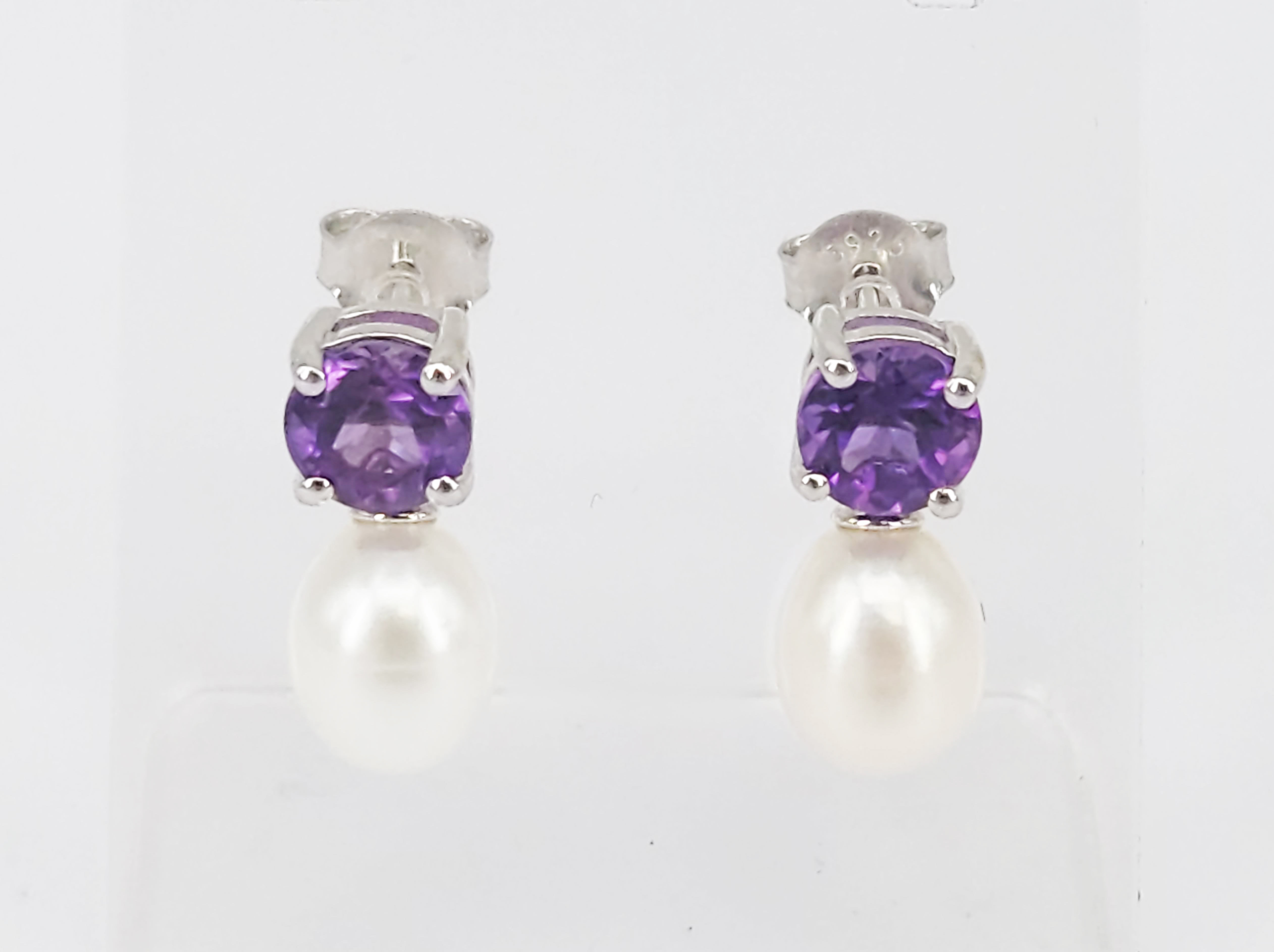 A Pair Of Silver Amethyst And Cultured Pearl Earrings