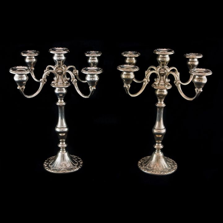 A pair of Gorham sterling weighted five light candelabra