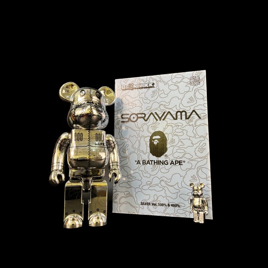 限量版最潮玩具银箔积木熊一套MEDICOM BEARBRICK X BAPE X