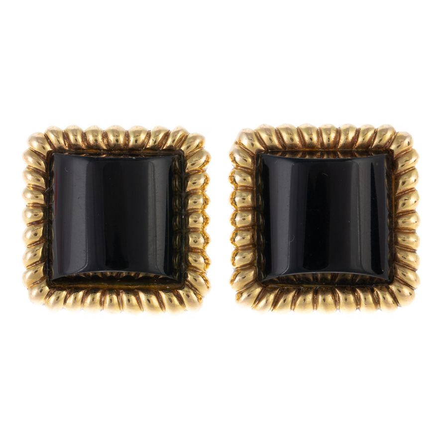 A Pair of Large Black Onyx Earrings in 14K